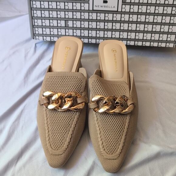 Newbella New Mousse Fit Pointed Toe Heeled Mules Apricot Chain Size 8 - Picture 2 of 11